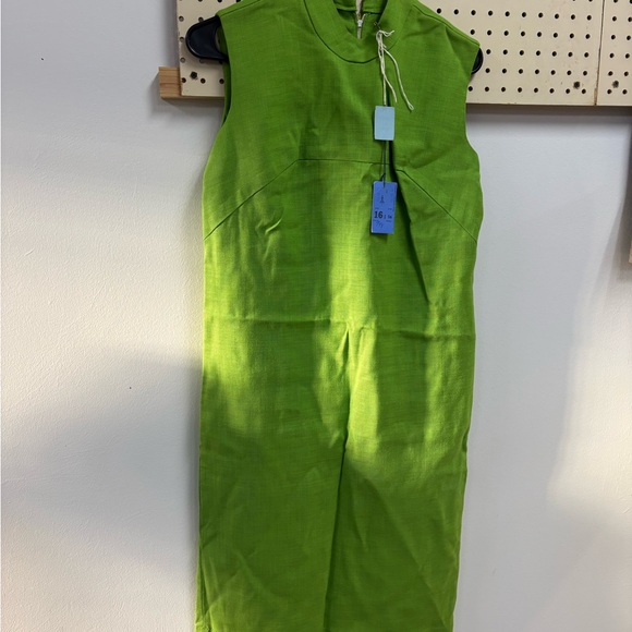 VTG 60's Linen Mock neck Midi Dress Bright Green Tags Still Attached - Picture 3 of 12